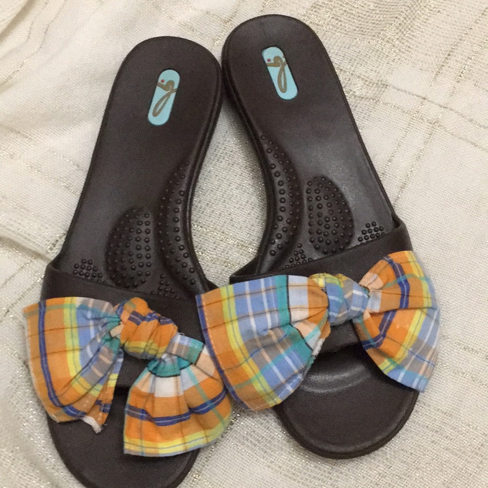 OKAB Slides Shoes Sz M/L Plaid Fabric Bow